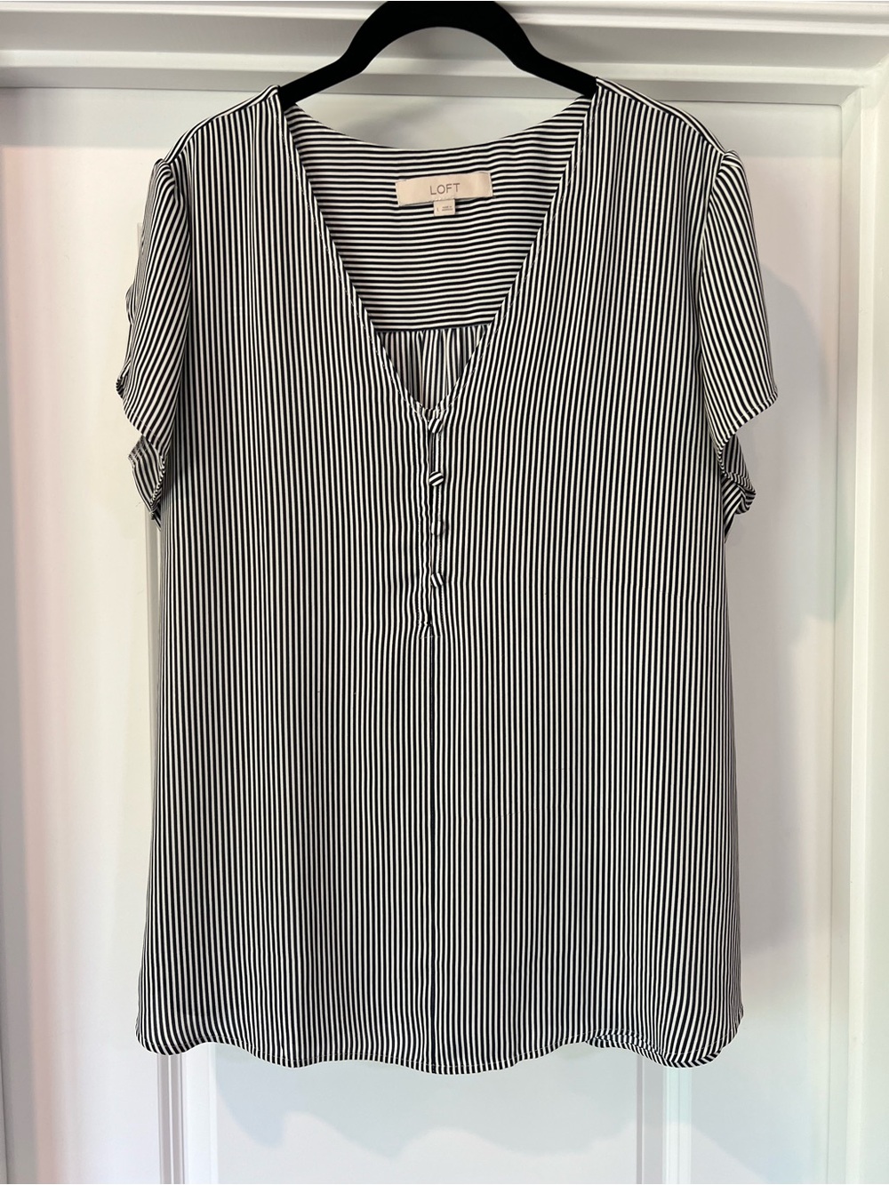 LOFT Navy & White Vertical Stripe Short-Sleeve V-Neck Blouse